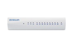 Ein weißer Netzwerk-Switch mit dem Aufdruck "Avigilon" auf der linken Seite und mehreren Statusanzeigen auf der Vorderseite.