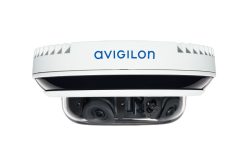 Eine weiße Überwachungskamera von Avigilon, von der Seite gesehen.