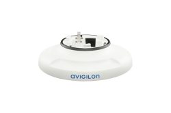 Weiße Avigilon-Montagehalterung mit schwarzem Innenring für Sicherheitskameras.