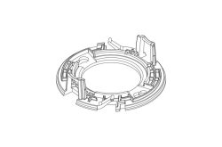 Technische Zeichnung eines kreisförmigen Bauteils mit komplexen Strukturen und mehreren Ebenen.