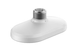 Weiße, ovale Halterung mit einem metallischen Gewindeanschluss oben.