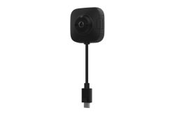 Ein schwarzes quadratisches Gerät mit Kamera und einem kurzen integrierten Kabel mit USB-Stecker.