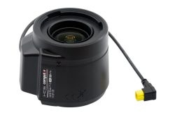 Ein schwarzes Computar-i-CS-Objektiv mit Kabelanschluss und gelbem Stecker.