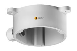 Abbildung eines weißen, runden Metallgehäuses mit "eneo"-Logo auf der Seite, vermutlich für eine Überwachungskamera, mit Montagebohrungen an der Oberseite.