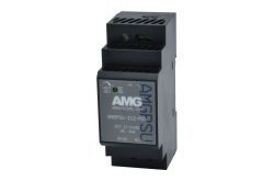 Ein schwarzes elektrisches Gerät mit der Aufschrift "AMG SYSTEMS" und Modellnummer "AMGPSU-I12-P24".
