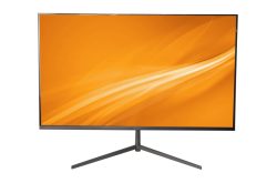 Ein moderner Flachbildschirm mit schwarzem Rahmen und orangefarbenem Hintergrund, der auf einem V-förmigen Standfuß steht.