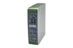 Ein Netzteil von AMG Systems mit silbernem Gehäuse und grünen Anschlussklemmen.