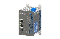 Industrie-Ethernet-Switch AMG255 mit mehreren Ports und Anschlüssen auf grauem Gehäuse.