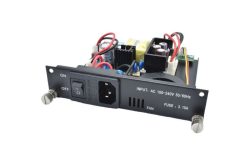 Netzteilmodul mit Schalter, Sicherung und Lüfter; Beschriftung: "INPUT: AC 100-240V 50/60Hz, FUSE: 3.15A".