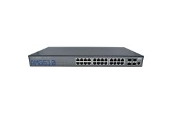 Ein Netzwerk-Switch mit mehreren Ethernet-Ports auf einer Seite und einem dunkelgrauen Gehäuse.