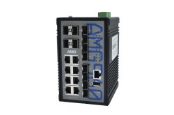 Industrieller Ethernet-Switch mit mehreren Netzwerkanschlüssen und Ports, schwarzes Gehäuse, seitliche Beschriftung.
