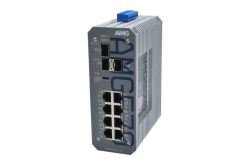 Industrieswitch mit mehreren Ethernet-Ports und zwei SFP-Steckplätzen, AMG-Logo sichtbar.
