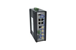 Industrieller Netzwerk-Switch mit mehreren Ethernet- und Glasfaseranschlüssen.