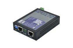 Schwarzes elektronisches Gerät mit der Aufschrift "AMG172", zwei Ethernet-Anschlüssen und einem blauen CPG-Anschluss.