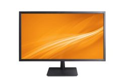 Ein schwarzer Computermonitor mit einem orangefarbenen Bildschirmhintergrund, auf dem wellenförmige Linien zu sehen sind.