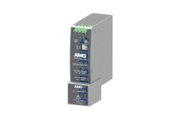 Elektronisches Gerät von AMG mit blau-schwarzer Beschriftung und grünen Anschlüssen oben.