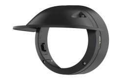 Ein schwarzer Kamerahalter mit einem abgewinkelten Schutzschild.