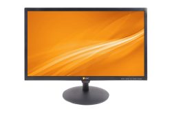 Ein schwarzer Computermonitor mit einem orangefarbenen Bildschirm, der ein abstraktes Muster zeigt.