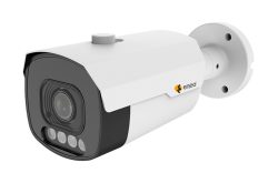 Eine Überwachungskamera in weißem Gehäuse, montierbar mit Wandhalterung, mit Objektiv und LED-Leuchten an der Vorderseite.