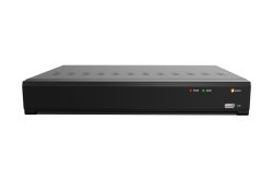 Ein schwarzer digitaler Videorekorder (DVR) mit dem Logo "eneo" auf der rechten Seite, zwei LED-Anzeigen für "PWR" und "HDD" und einem USB-Anschluss.