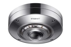 Kuppelförmige Überwachungskamera aus Metall mit der Aufschrift "WISENET".