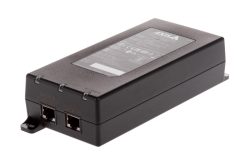 Ein schwarzer PoE-Injektor von Axis mit zwei Ethernet-Ports, einer für "Data In" und einer für "Data & Pwr Out".