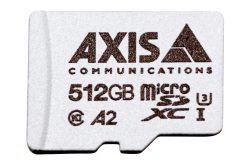 Eine weiße microSD-Karte mit der Aufschrift "AXIS Communications 512GB microSD XC I A2 U3".