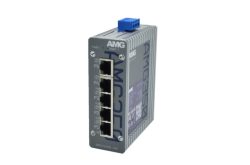 Ein industrieller Ethernet-Switch mit fünf RJ45-Ports und einem blauen Anschluss oben.
