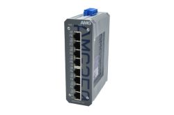 Industrieller Ethernet-Switch von AMG mit acht Netzwerkanschlüssen und einem blauen Anschluss oben.