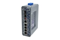 Industrieller Netzwerk-Switch mit acht Ethernet-Anschlüssen und blauem Anschlussblock auf der Oberseite, Modell AMG350.