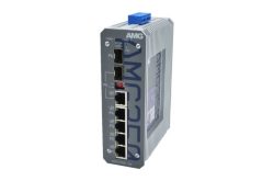 Ein grauer Industrierouter mit mehreren Ethernet-Ports und einem blauen Anschluss an der Oberseite. Produktname "AMG" und "MC250" sind sichtbar.