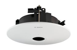 Einbau-Deckenlautsprecher von Bosch mit einem schwarzen Gehäuse und einer weißen Frontabdeckung.