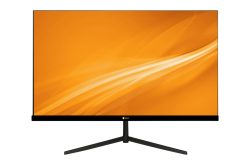 Ein schwarzer Computerbildschirm auf einem dreibeinigen Ständer mit einem orangefarbenen Hintergrund auf dem Display.