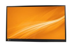 Ein schwarzer Computerbildschirm mit orangefarbenem Hintergrund und wellenartigem Muster.