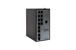 Ein industrieller Netzwerk-Switch mit mehreren Ethernet-Ports und einem robusten schwarzen Gehäuse, auf dem "comnet" steht.