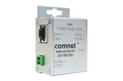 Metallisches Power Injector-Modul von Comnet mit Ethernet-Anschluss und Beschriftungen zu Daten- und Stromverbindungen.
