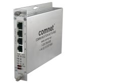 Silberne Netzwerk-Schnittstelle mit drei Ethernet-Ports und Aufschrift "comnet".