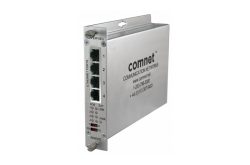 Silbernes Netzwerkgerät von ComNet mit mehreren Ethernet-Ports und Kommunikationsinformationen auf der Vorderseite.