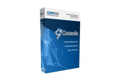 Verpackung der Software 'eConsole' von ComNet Communication Networks mit den Funktionen 'Centralized Management', 'Visualized Management' und 'Device Monitoring' auf einem blauen Hintergrund.
