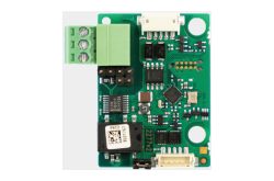 Eine grüne elektronische Schaltungsplatine mit verschiedenen Bauteilen und Anschlüssen.