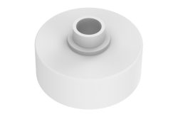 Ein weißer zylindrischer Adapter aus Kunststoff mit einer kleineren zentralen Erhöhung und einer vertieften Öffnung.