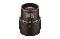 Eine schwarze Kameraobjektiv mit der Aufschrift "Mega Pixel", F1.8 4-13mm, 1:1.5, 5 Mega Pixel, CE-Kennzeichnung.