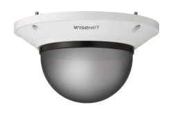 Überwachungskamera mit weißem Gehäuse und abgedunkeltem Kuppeldesign, mit der Aufschrift "Wisenet".