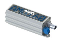 Ein PoE-Ethernet-Extender von AMG Systems mit einem robusten Gehäuse und Anschlüssen auf der rechten Seite.