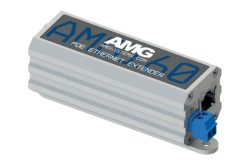 Ein PoE-Ethernet-Extender von AMG Systems in einem grauen Gehäuse mit blauem Anschluss.