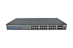Ein Netzwerk-Switch mit 24 Ethernet-Ports und 4 zusätzlichen Steckplätzen für Erweiterungen, Modellbezeichnung AMG510, in schwarzer Farbe.