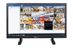 Ein Monitor zeigt eine Überwachungssoftware mit mehreren Bildern eines Einkaufszentrums.