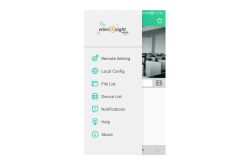 Die Benutzeroberfläche einer mobilen App mit einem Seitenmenü, das Optionen wie "Remote Setting", "Local Config", "File List", "Device List", "Notifications", "Help" und "About" anzeigt. Oben befindet sich das Logo "eneo insight mobile".