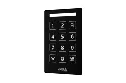Eine schwarze, rechteckige Tastatur mit beleuchteten Zifferntasten von 0 bis 9 und Sondertasten. Oben steht "AXIS Communications".