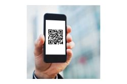 Ein Smartphone wird von einer Hand gehalten und zeigt einen QR-Code auf dem Bildschirm.